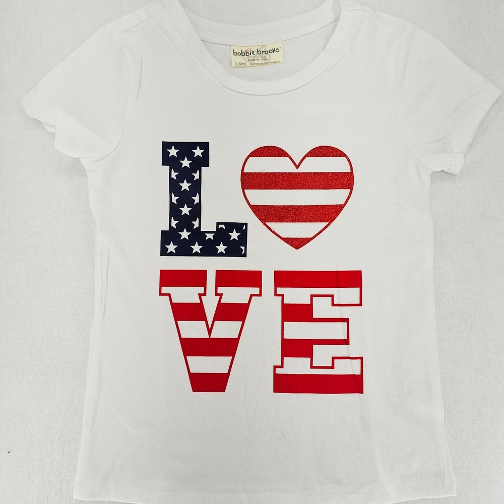 Bobbie‎ Brooks Patriotic Love Graphic Tee USA Flag Stars Heart White Size S 6X